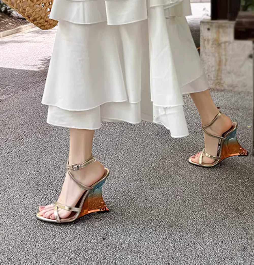 Metallic Gold Strappy Wedge Sandals