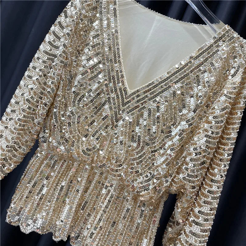 Ladies New Heavy Handmade Bling Beaded Sequins Batwing Sleeve Top Slimming Oversized Blouse Elegant Nightclub Pullover Shirts