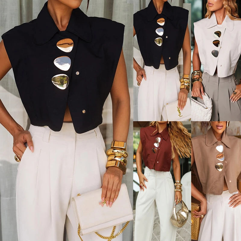 Chic Sleeveless Cropped Button Blouse Top for Women