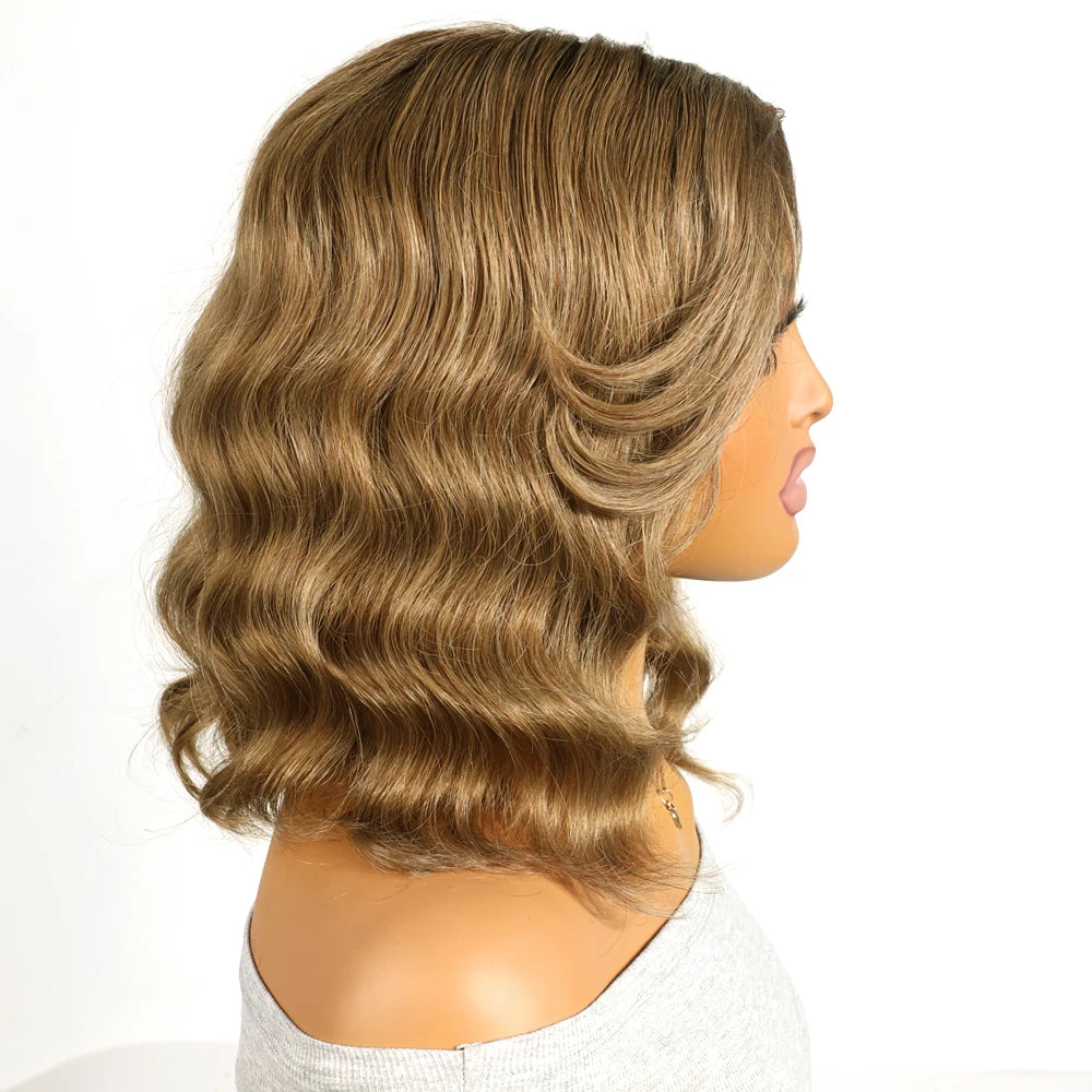 Honey Blonde Shadow Root Body Wave Bob Lace Front Wig for Women