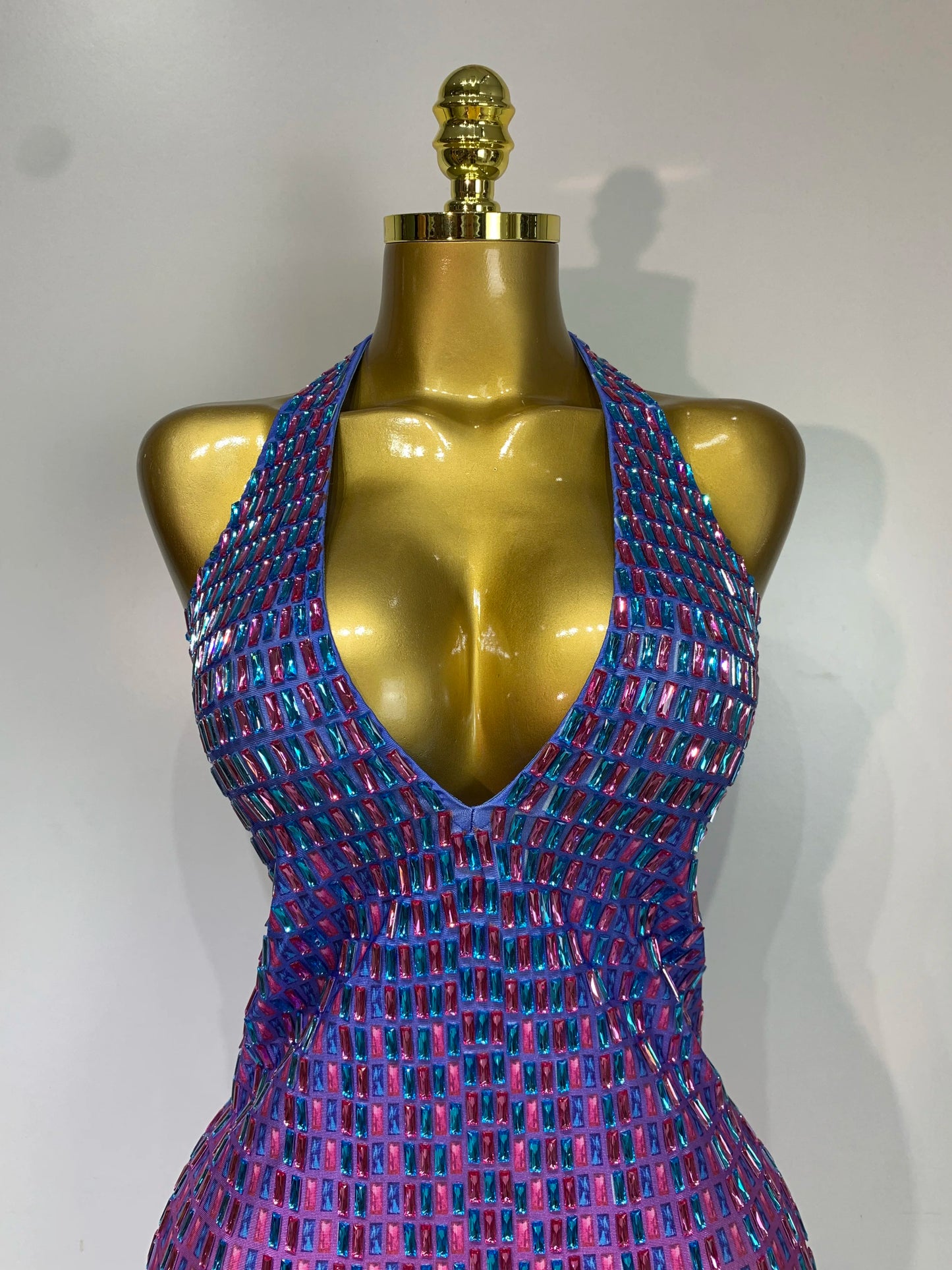 Women Sexy Halter Bodycon Dress Gadient Sparkly Rhinestones V Neck Backless Luxury Birthday Singer Stage Costume Cocktail Dress