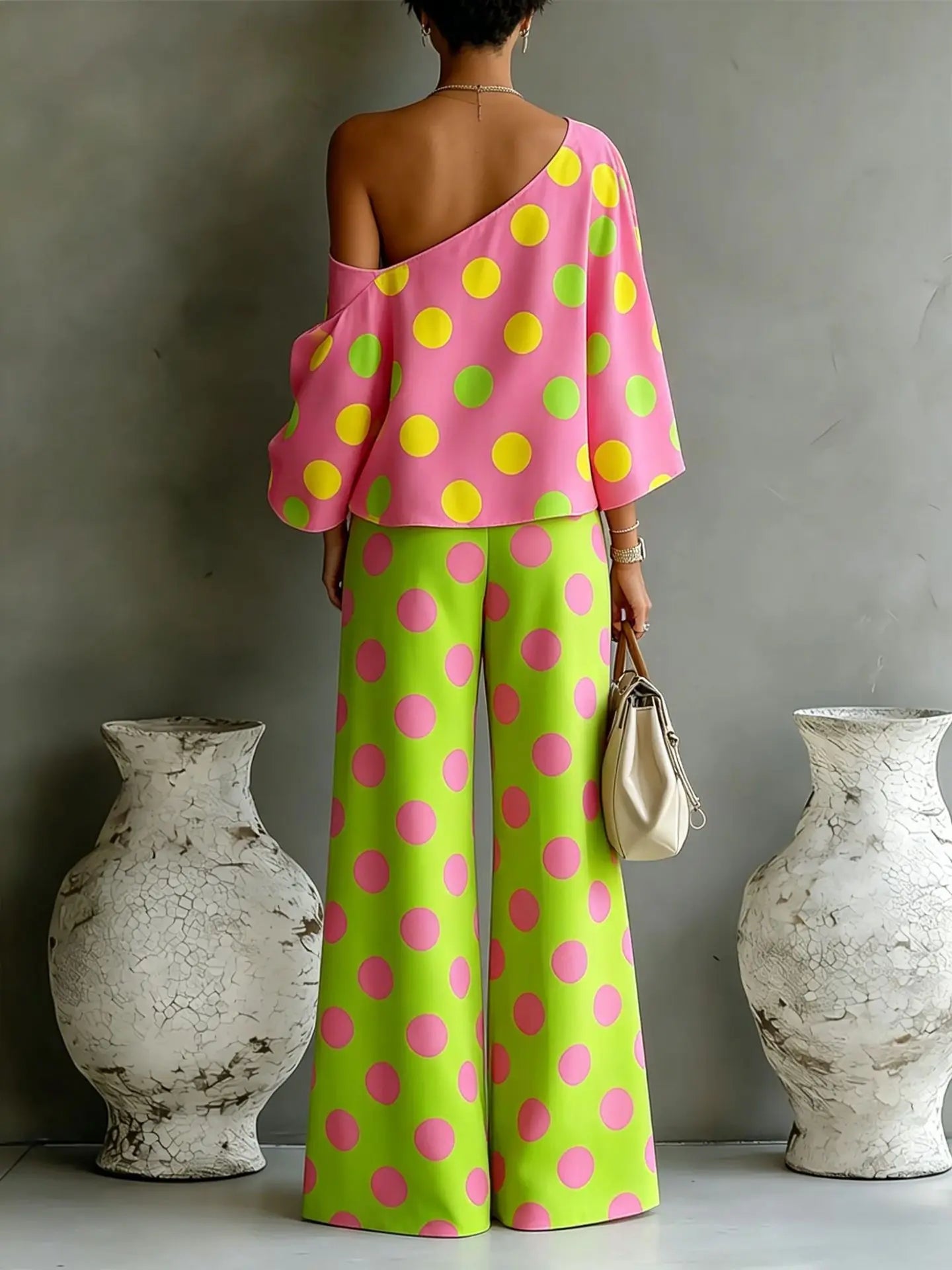 Slant Shoulder Open Back Casual Two Piece Set For Women