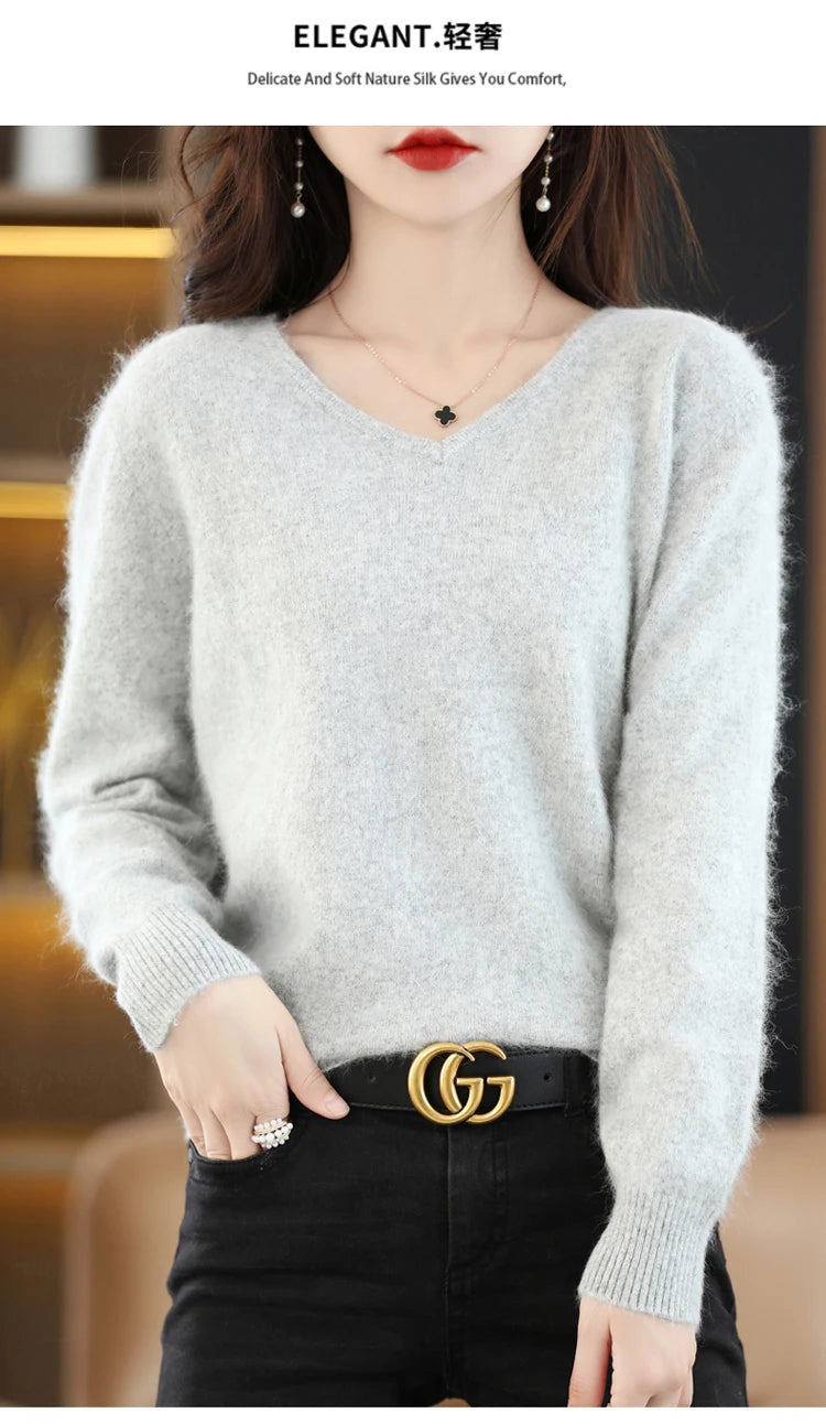 Soft Warm Loose Fit V Neck Cashmere Sweater for Women
