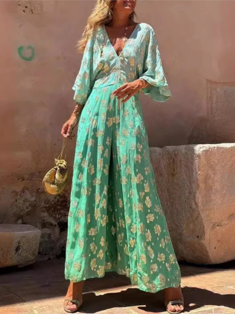 Gradient Print V Neck Backless Lace Up Jumpsuit for Women