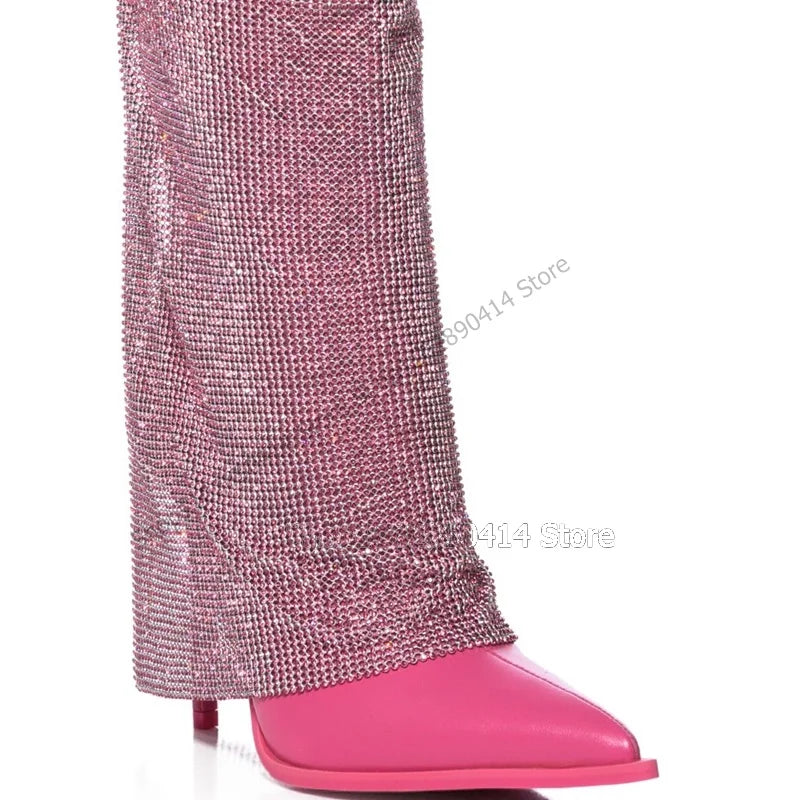Rose Red Mesh Decor Pointed Toe Stiletto Boots For Women