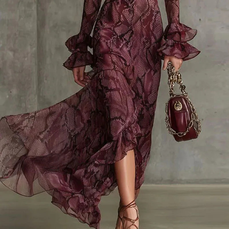 Snake Print V Neck Ruffle Sleeve Maxi Dress for Women