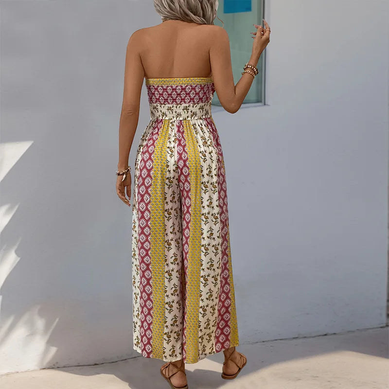 Printed Strapless Tube Top Tie Front Jumpsuit for Women