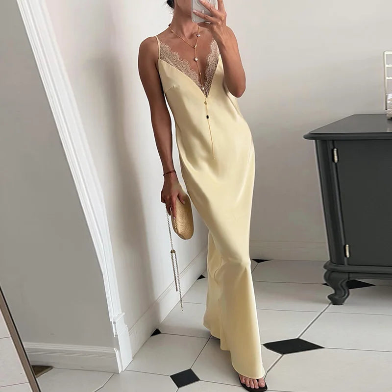 Elegant Lace V Neck Backless Maxi Evening Dress for Women