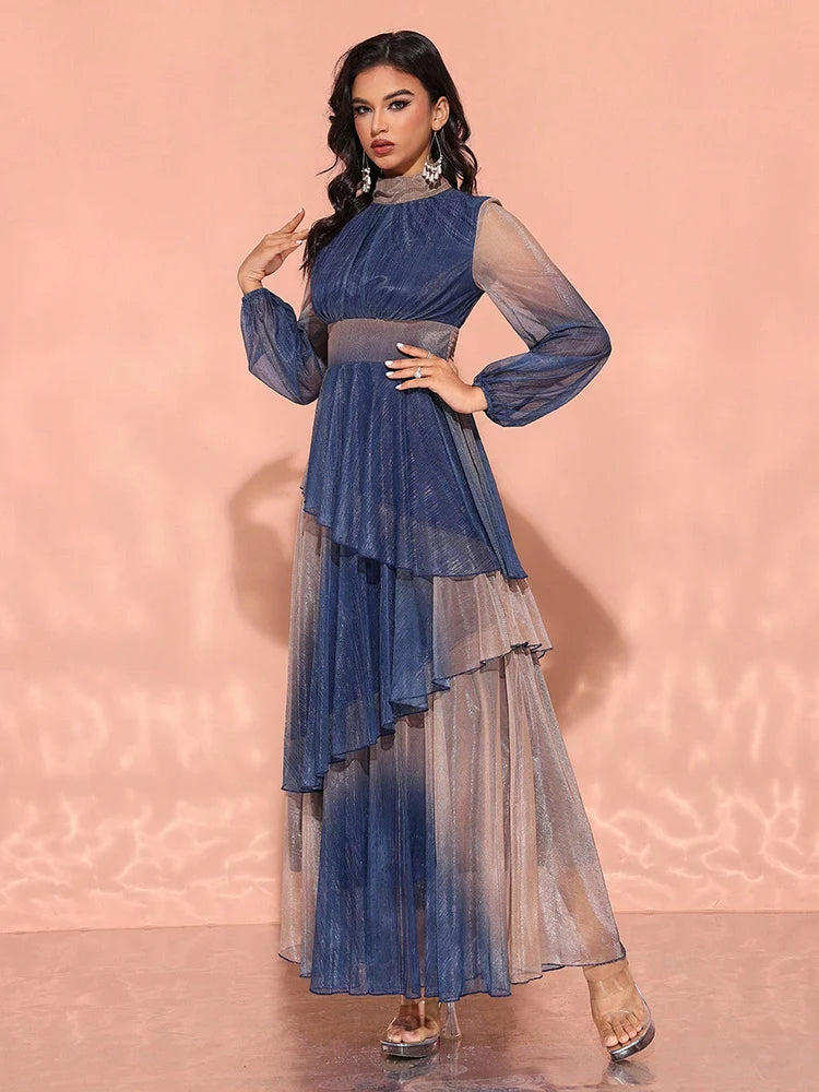 TOLEEN 2024 New Women's Luxury Elegant Party Evening Dress With Stand Collar, Lantern Sleeves, And Ruffle Hem In Gradient Fabric