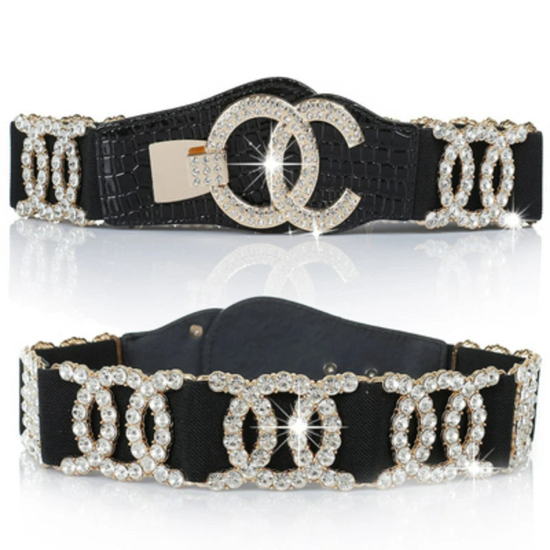 Crystal Rhinestone Wide Elastic Waist Belt for Women