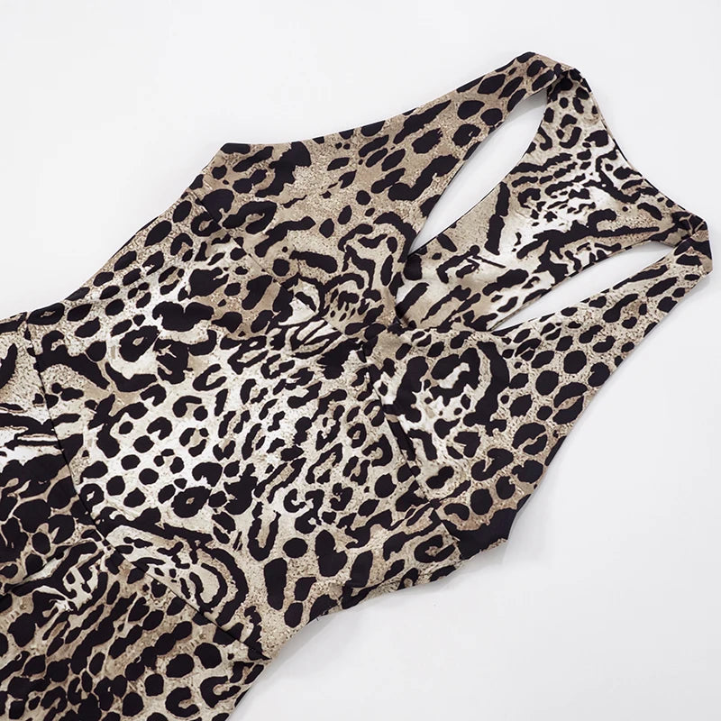 Leopard Print Sleeveless Jumpsuit with Stretch for Women
