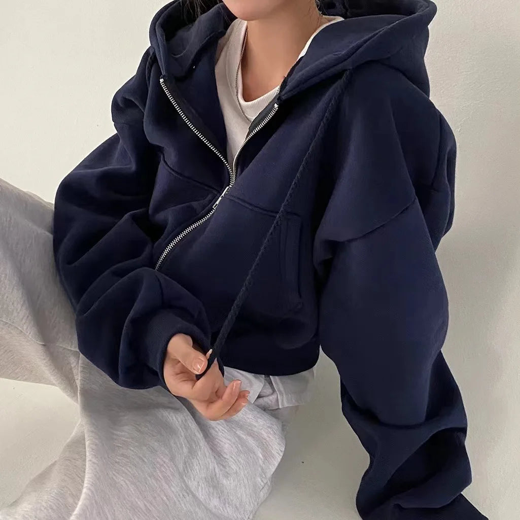 Zip Up Hoodies Women Autumn Winter Warm Fleece Lined Long Sleeve Cropped Jackets New Fashion Hooded Sweatshirts Female Y2K Coats
