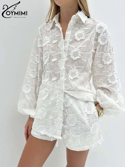 Oymimi Summer White Cotton 2 Piece Sets Women Outfit Casual Jacquard Button Wrist Sleeve Shirts And High Waist Shorts Female Set