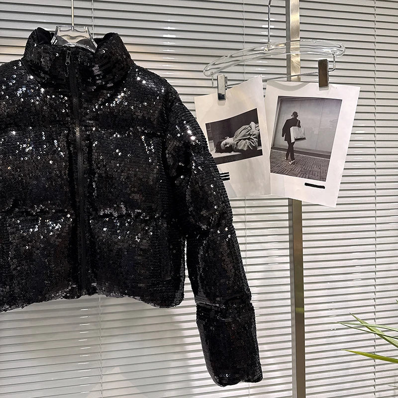 Shiny Sequin Stand Collar Padded Winter Jacket For Women