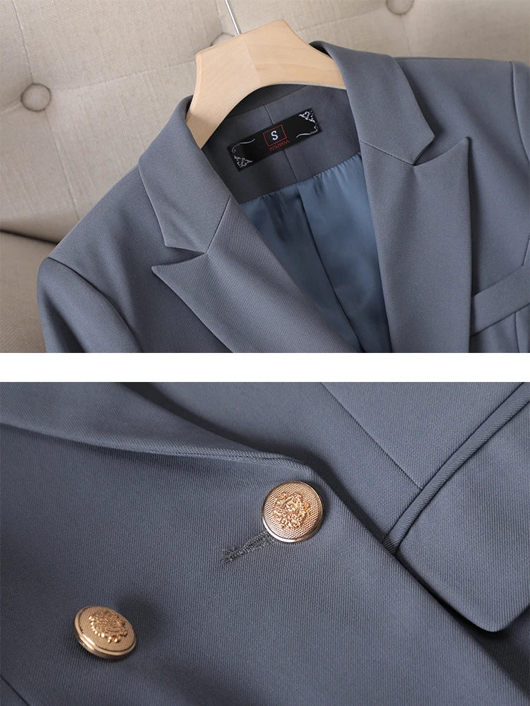 Gray Black Blue White Fashion Women Pant Suit Long Sleeve Solid Ladies Blazer and Trouser Formal 2 Piece Set For Autumn Winter