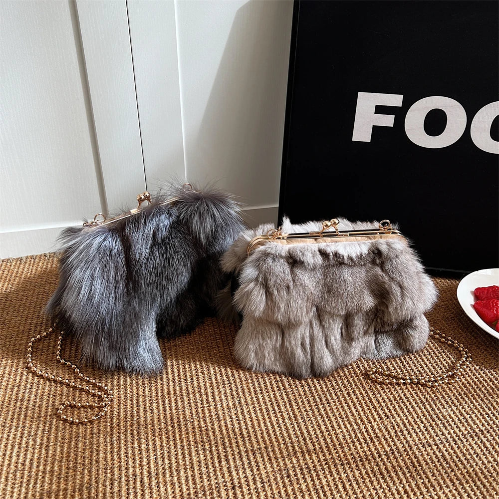 Luxurious Fox Fur Evening Clutch with Chain for Women