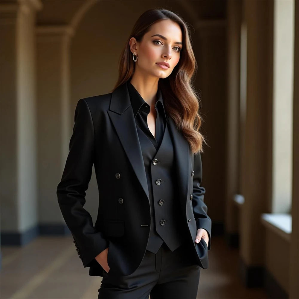 Black 3-Piece Women's Suit Women Tuxedo Suit Blazer Dress Prom Slim Fit Formal Office Lady Blazer Set (Jacket+Vest+Pants)