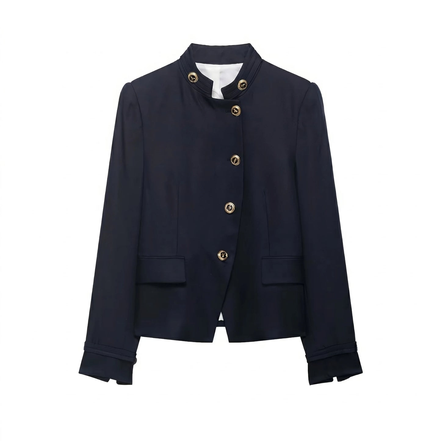 Stand Collar Single Breasted Navy Blue Coat for Women