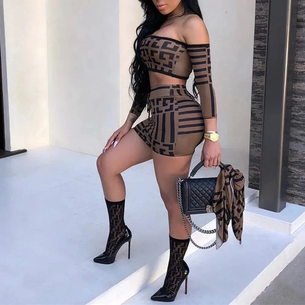 Two Piece Sexy Women's Printed Dress, Summer Long Sleeved Slim Fit One Line Collar, Elegant Party Club Party Mini Skirt Y2k Set