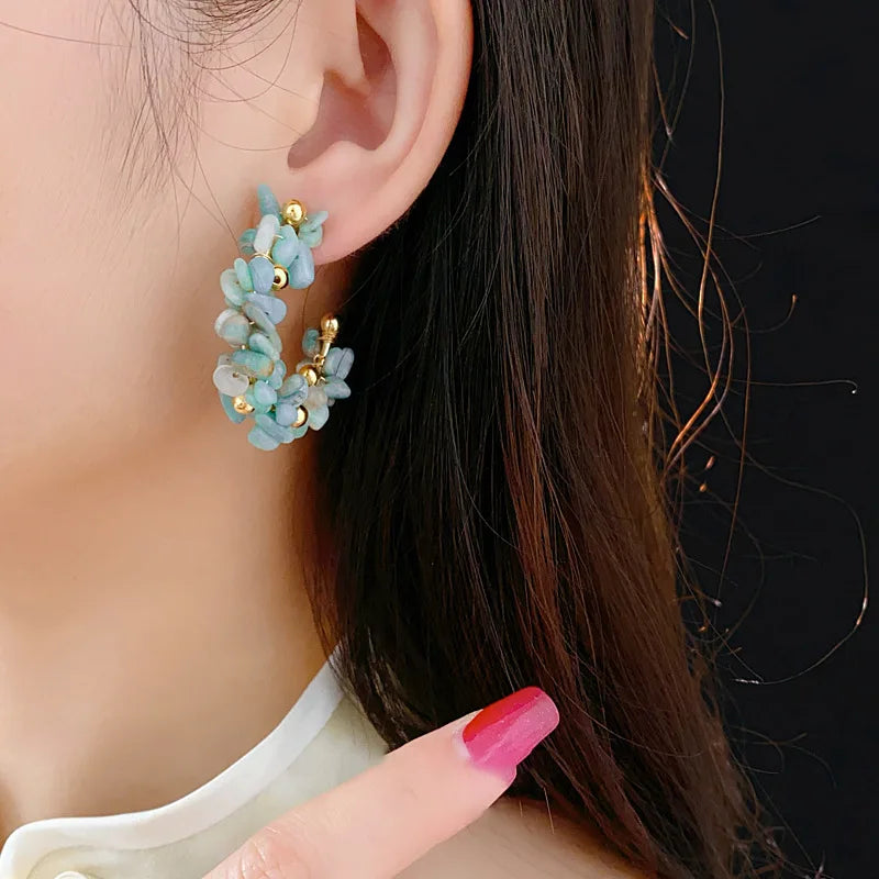 Navy Stone Irregular Hoop Earrings