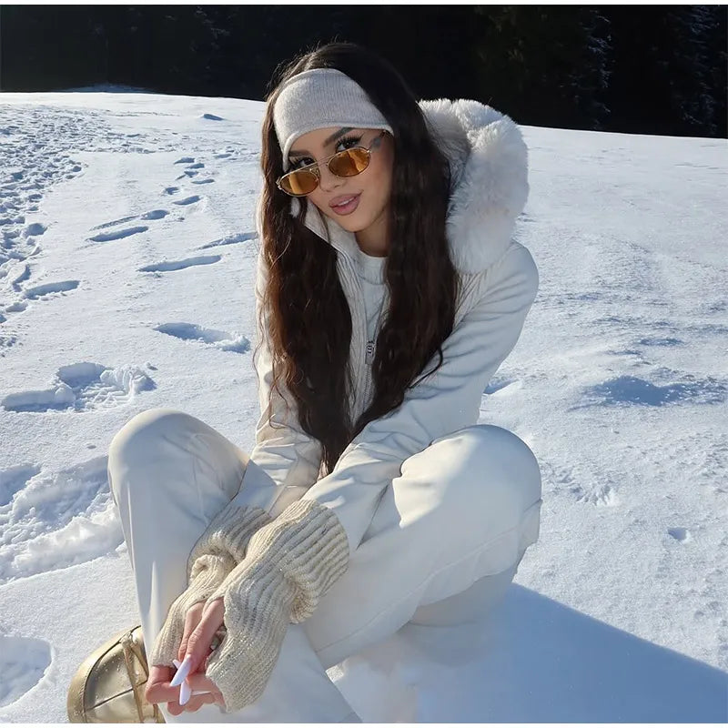 Warm Fur Trim Hooded Winter Ski Suit with Belt for Women