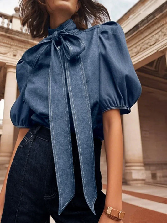 Beautyblue Denim Shirt Woman Short Sleeve Bow-Embellished Tops Summer Casual Streetwear Buttoned High Neck Puff Sleeves Blouses