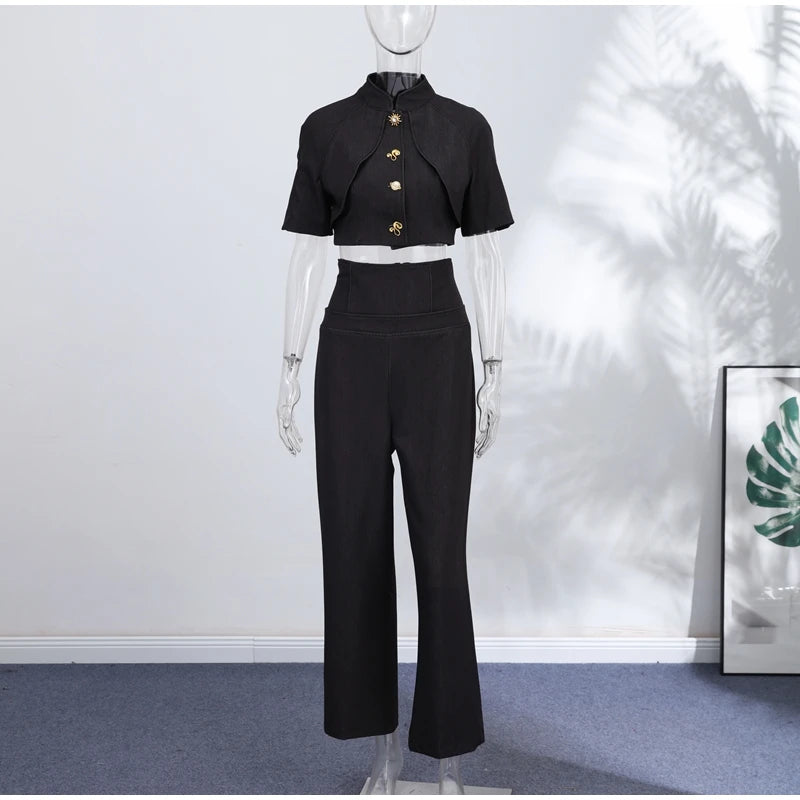 Single Button Denim Jacket With Wide Leg Pants For Women