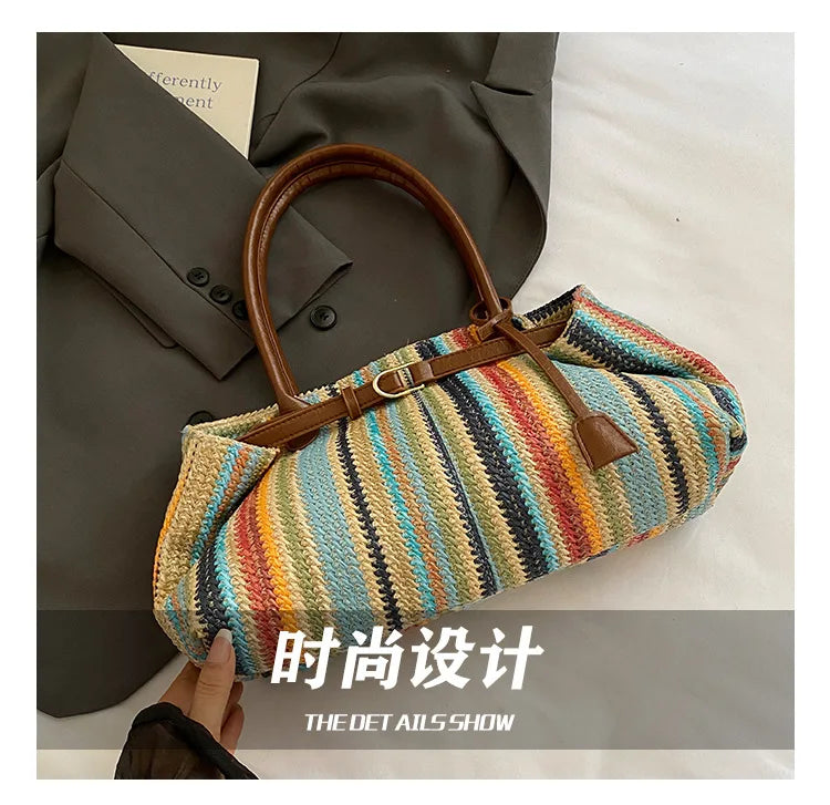 Large capacity rainbow woven tote bag, women's new versatile commuting beach bag, shoulder bag