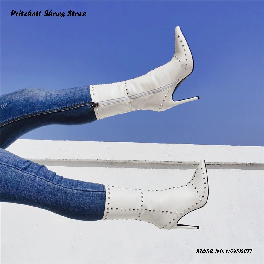 Studded Leather Pointed Toe Ankle Booties For Women