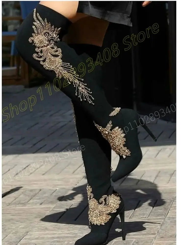 Elegant Gold Crystal Pattern Suede Stiletto Over The Knee Boots For Women
