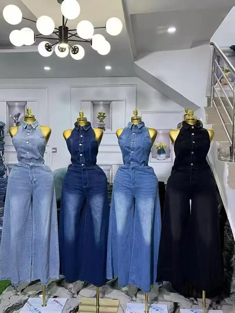 Washed Denim Halter Neck Backless Jumpsuit for Women