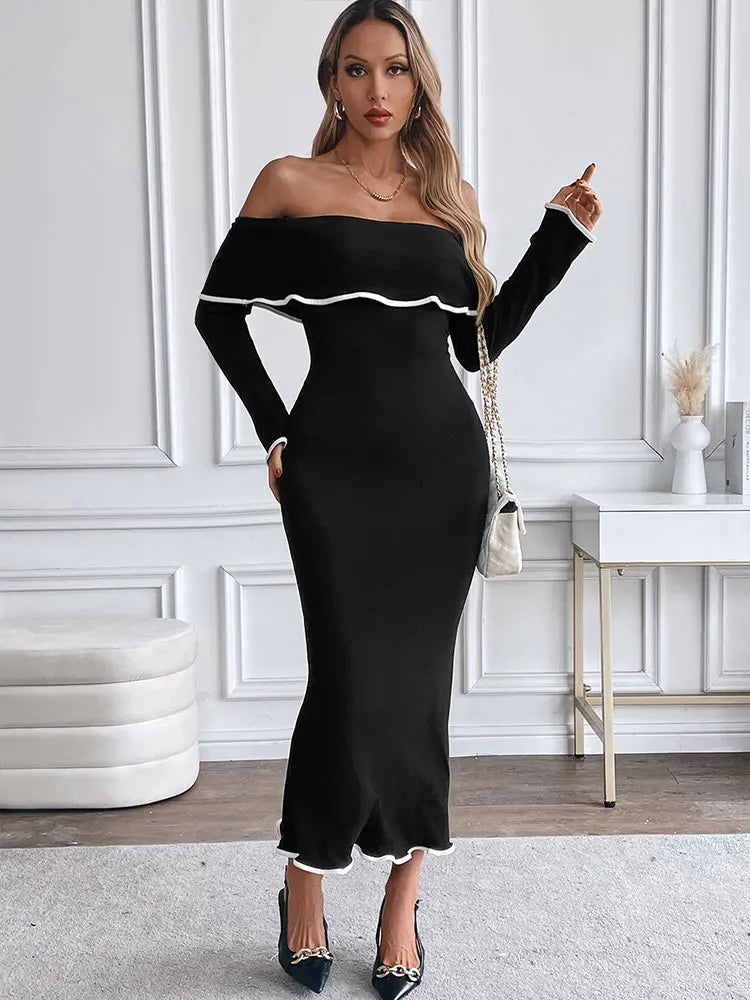 Women New Dresses Spring Fashion Long Sleeves High Quality Maxi Dress Black Sexy Backless Strapless Lady Elegant Dress Clothing