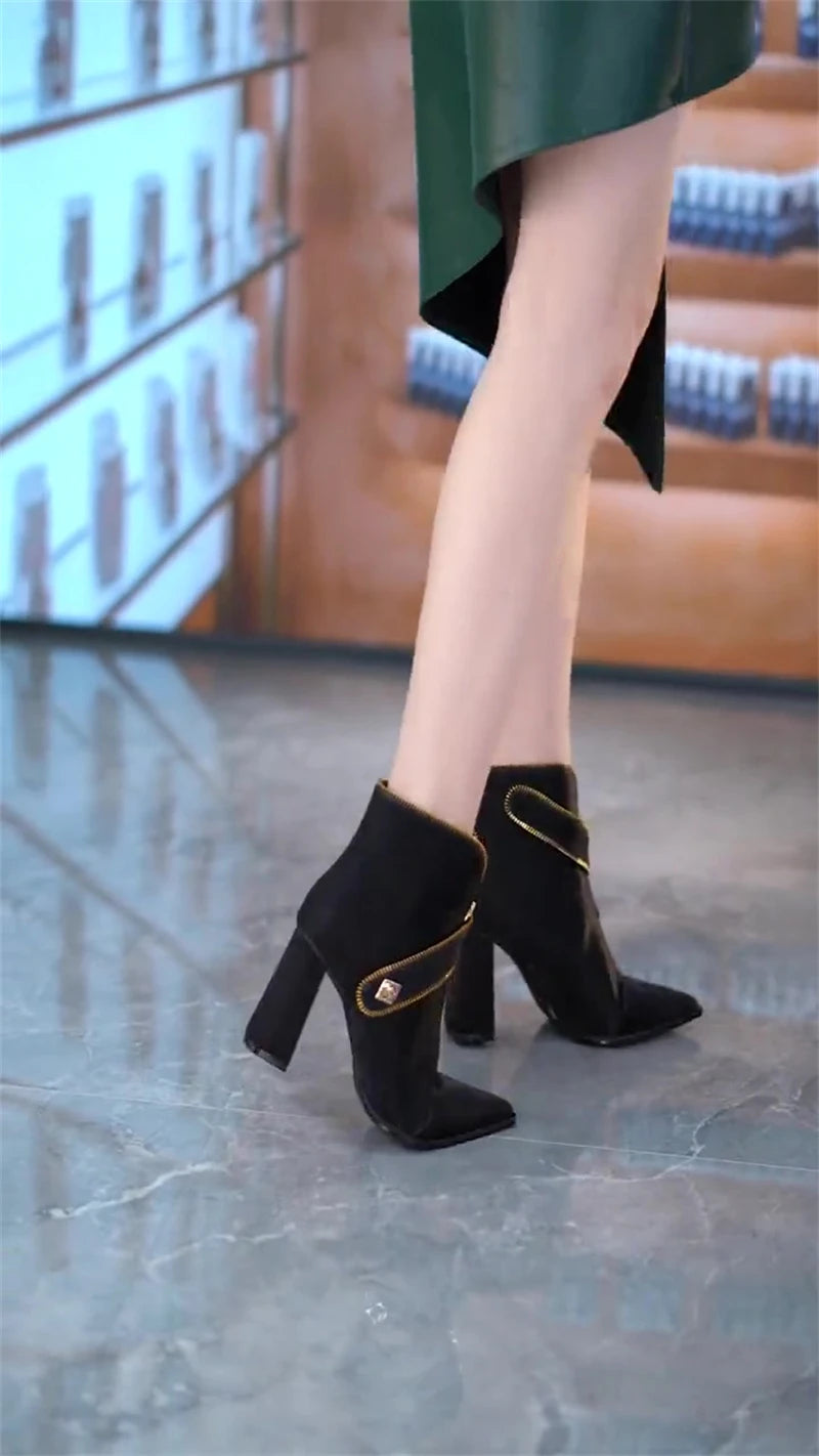 Chunky Heel Pointed Toe Front Zipper Ankle Boots for Women