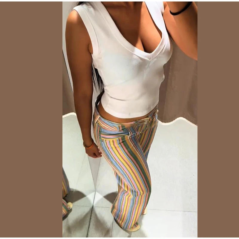 Color Block Rainbow Stripe Wide Leg Jeans for Women