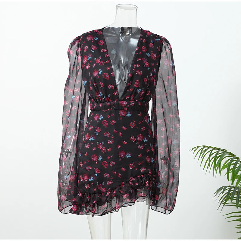 Floral Printed Ruffle Mini Dress with Deep V Neck for Women