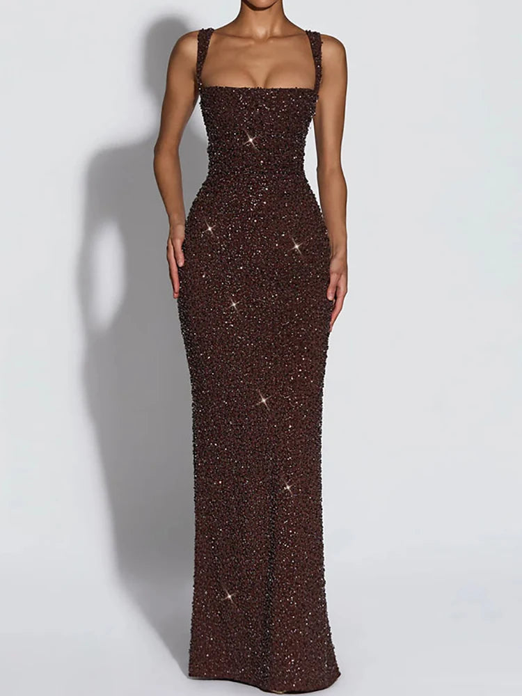 Elegant Sequined Backless Sleeveless Maxi Party Dress for Women