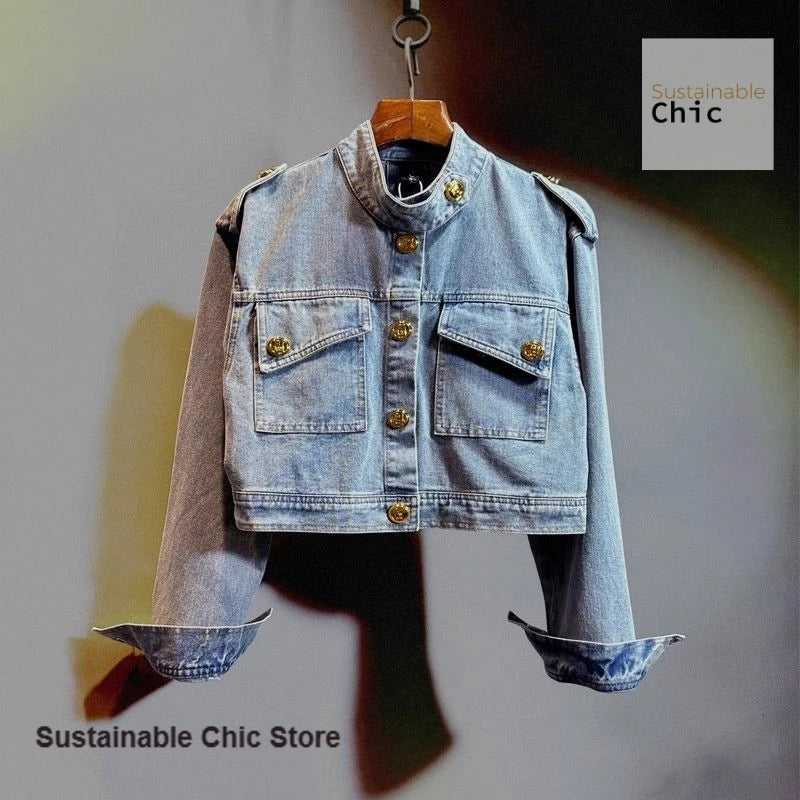 Vintage French Retro Gold Buckle Casual Denim Jacket For Women