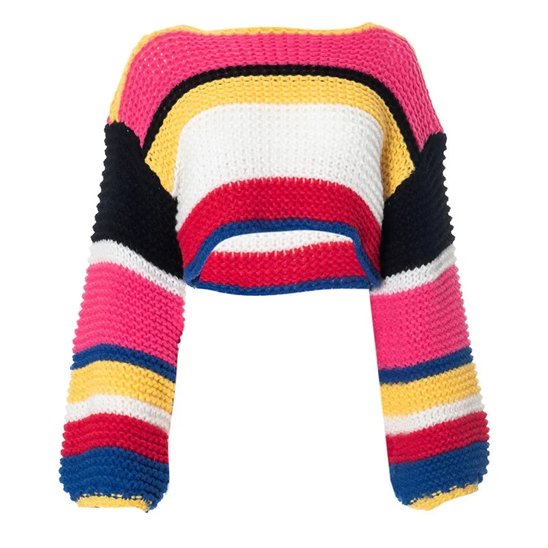 Rainbow Check Cropped Long Sleeve Knit Sweater for Women