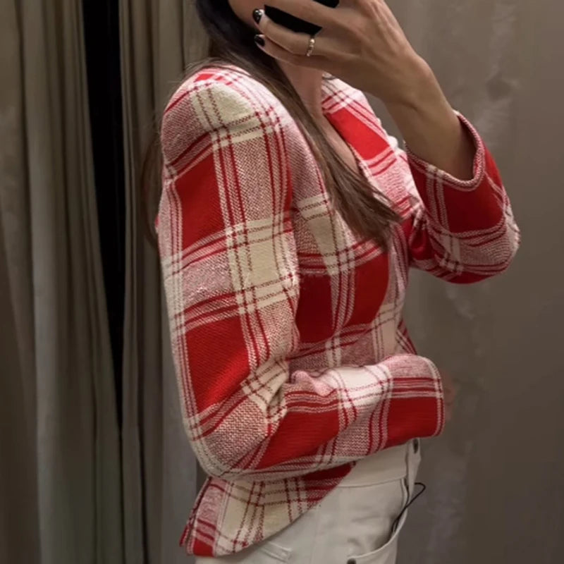 Elegant Plaid Long Sleeve V-Neck Single Breasted Jacket for Women