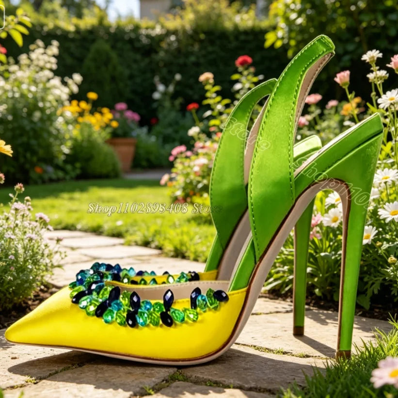 Crystal Embellished Pointed Toe Sandals with Elastic Strap for Women