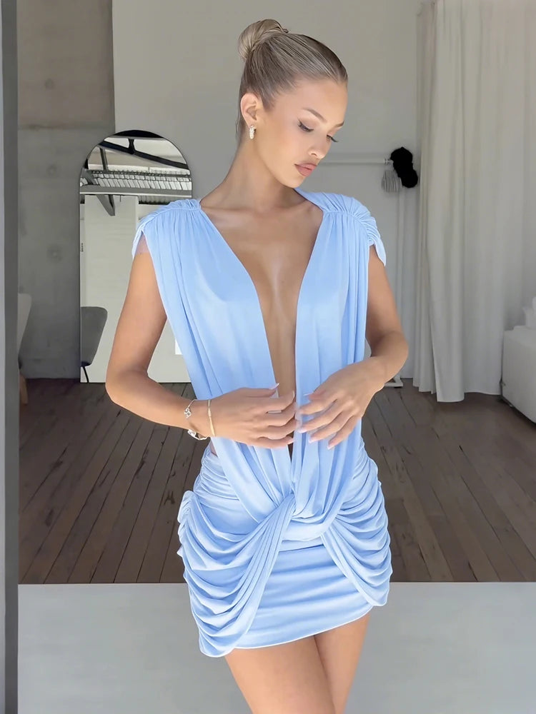 Ruched Deep V-Neck Sleeveless Chic Mini Dress for Women