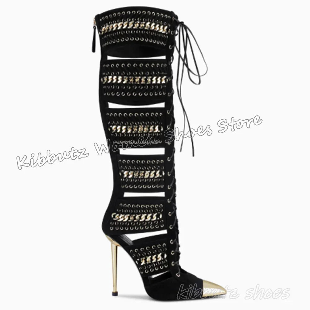 Hollow Sandal Boots Knee High Denim Cloth Patchwork Lace-Up Mixed Color Fashion Elegant Concise Sexy Women Shoes New Pointy Heel