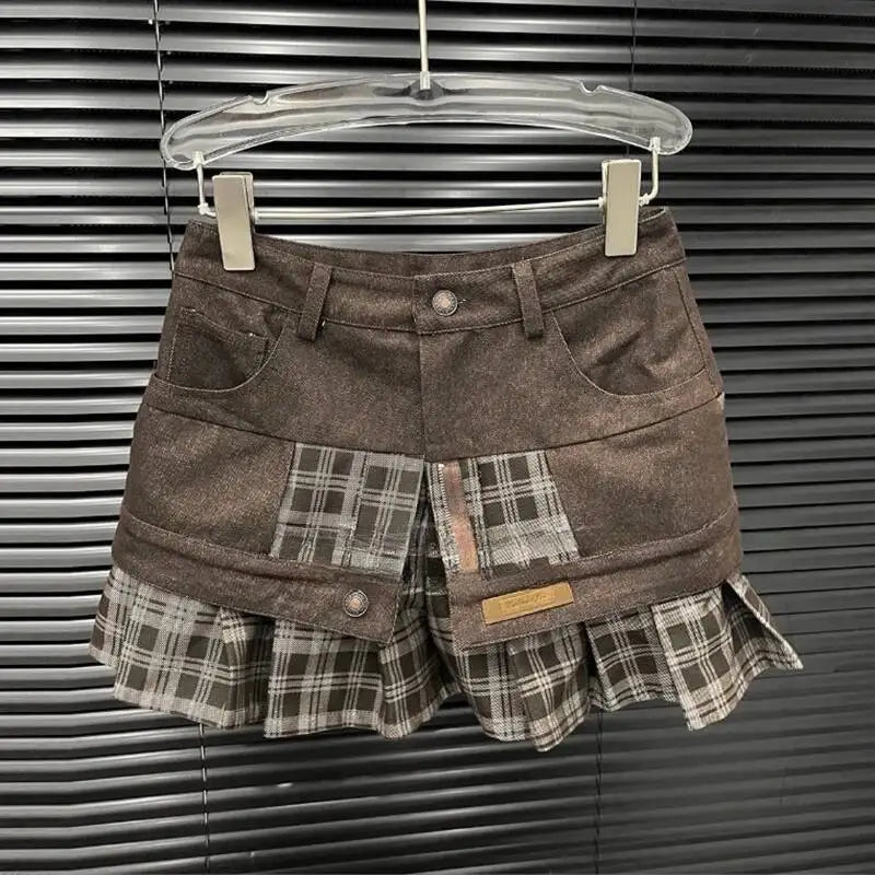 KUCLUT 2025 Autumn New Style Fashion Suit For Women Niche Patchwork Plaid Short Jacket mini Skirt Two-Piece Set Female 1A1237