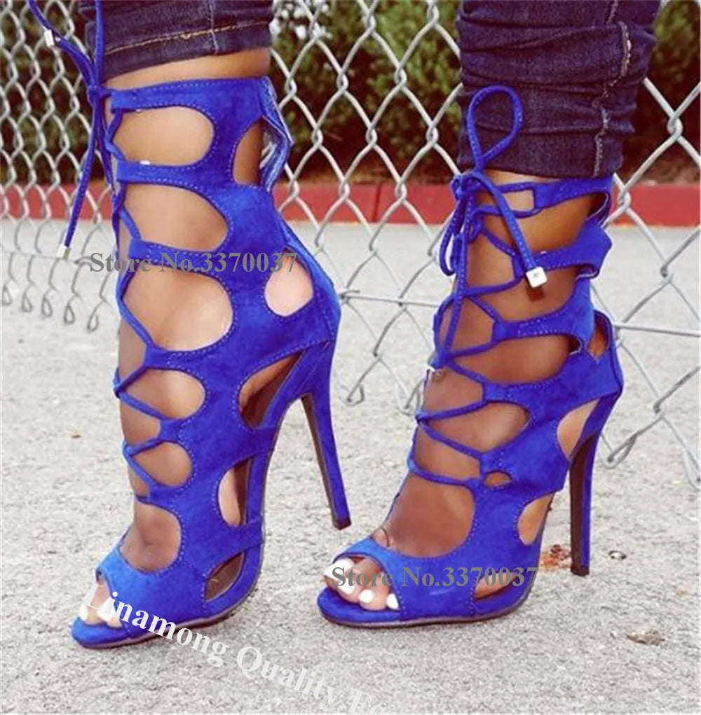 Western Style Blue Suede Gladiator Sandals for Women