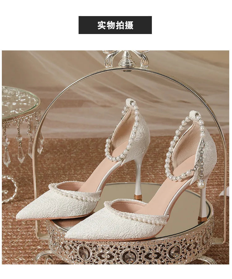 White Pearl Buckle Pointed Bridal Heels