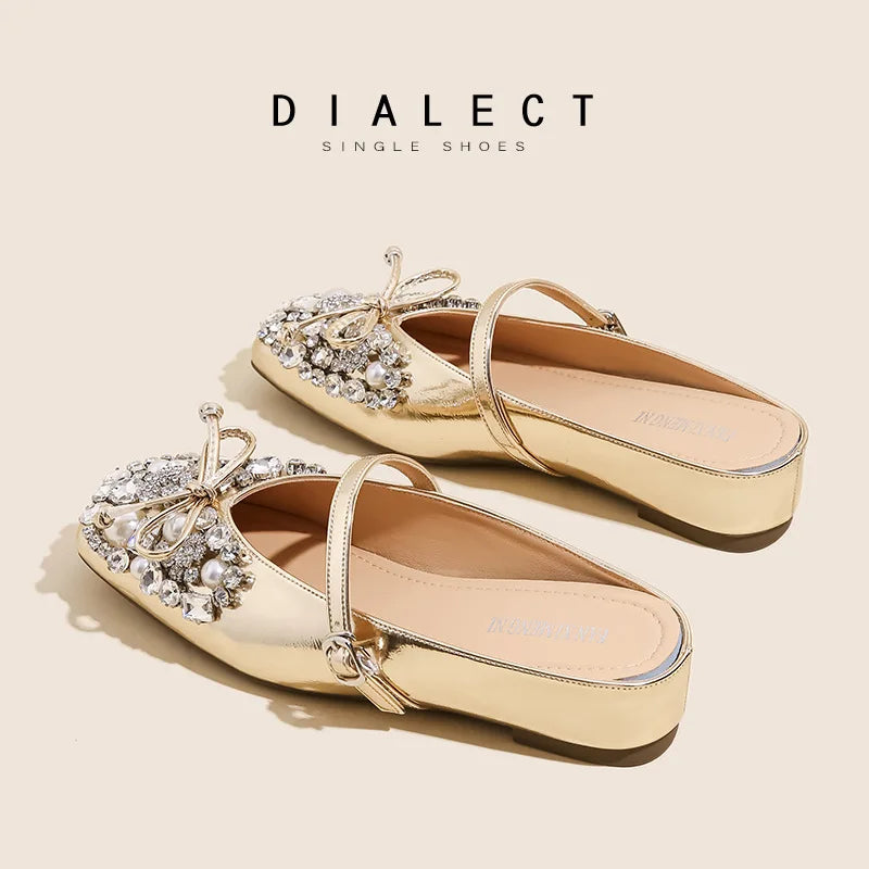 Pearl Bow Embellished Square Toe Flat Shoes For Women