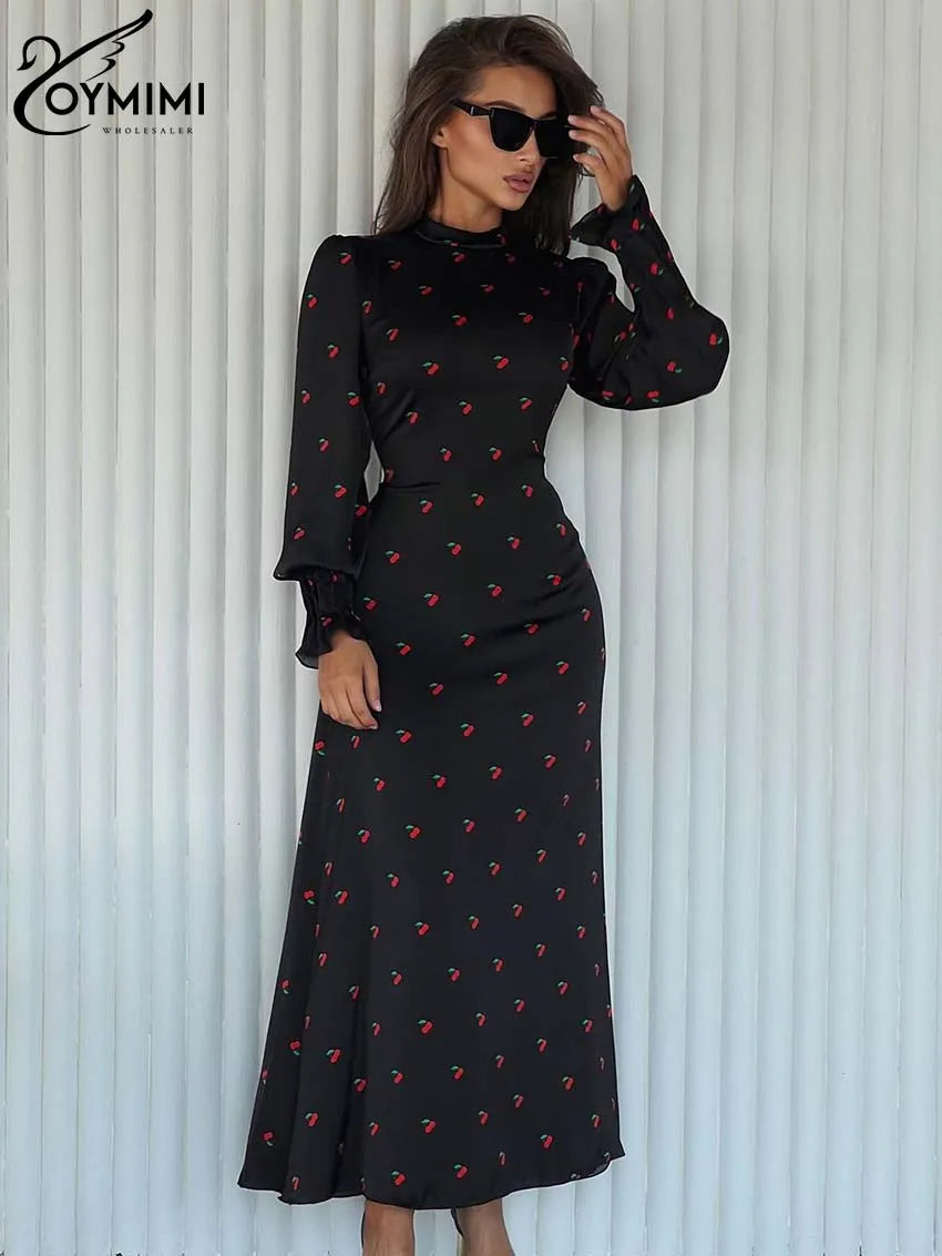 Oymimi Elegant Black Print Dresses For Women Fashion O-Neck Long Sleeve Dresses Casual New High Waist Lace-Up Ankle-Length Dress