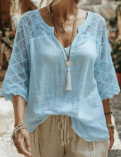 V-Neck Solid Three-Quarter Sleeve Loose Casual Tee for Women