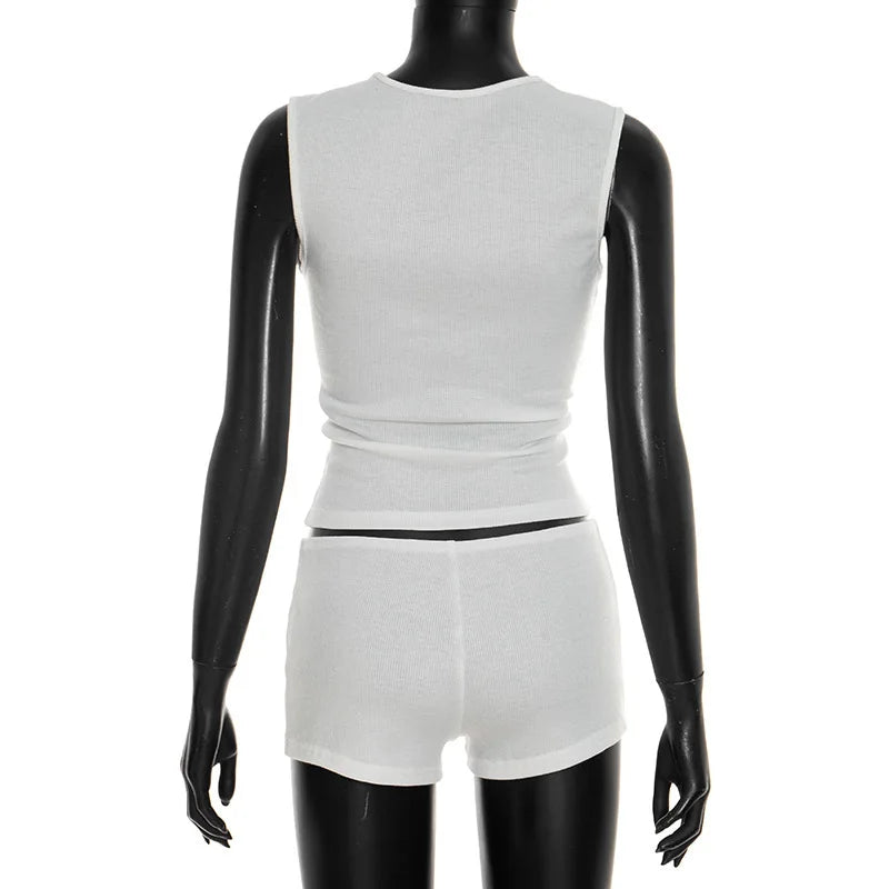 Hollow-Out Patchwork Crop Top and Shorts Set for Women