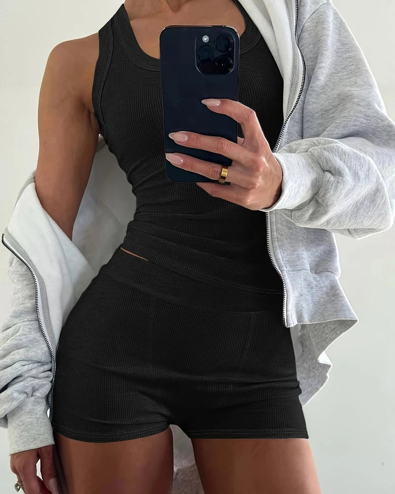 Womens Cozy Loungewear 2PCS Rib-knit U-Neck Tank Top & Shorts Set